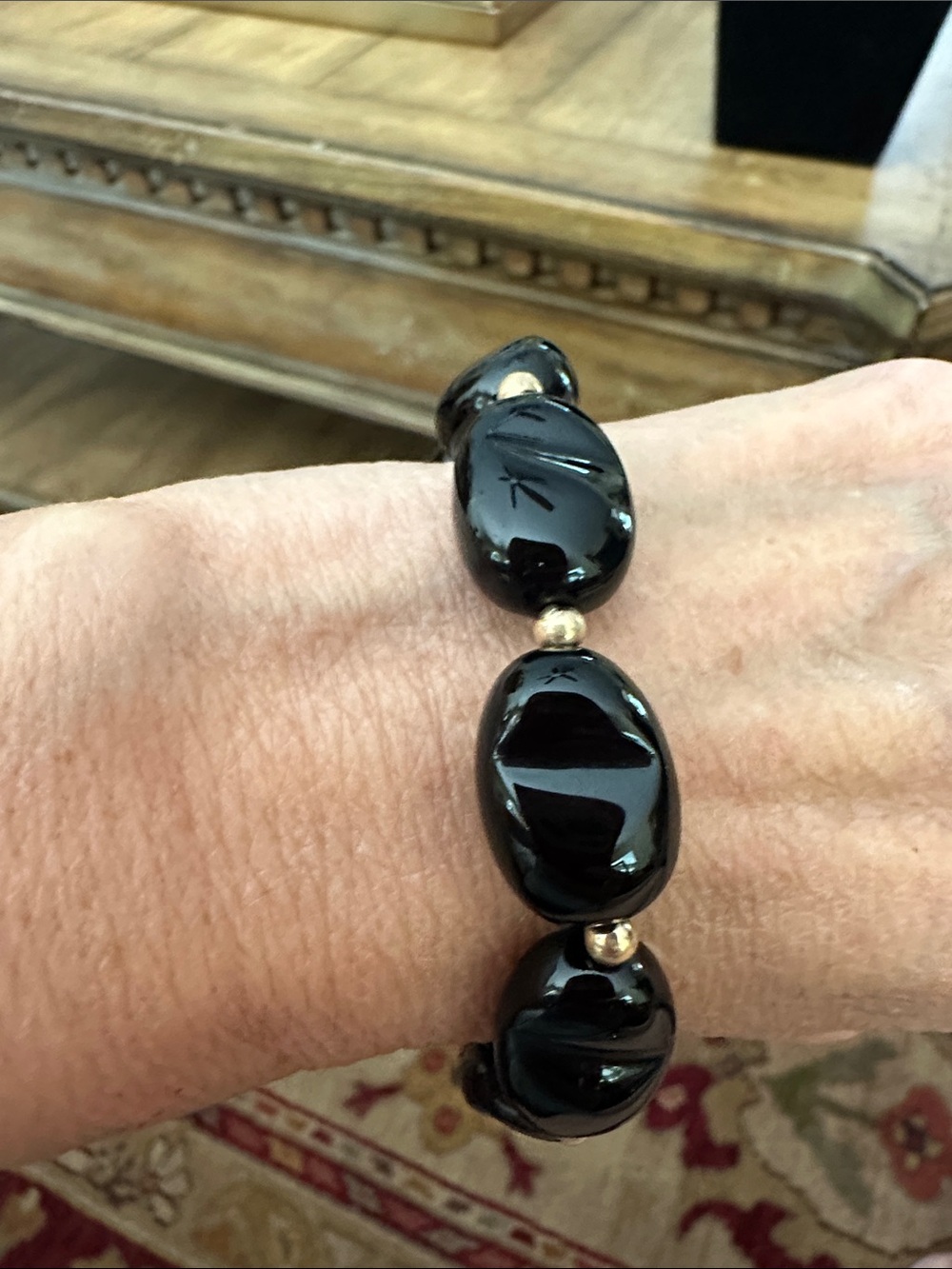 Black Glass Bead Stretch Bracelet with Gold Accents - Unbranded